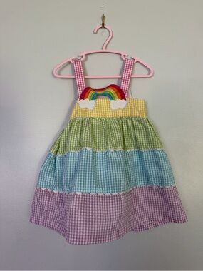 iris & ivy Multicolor Gingham Tiered Dress with Rainbow Patch
